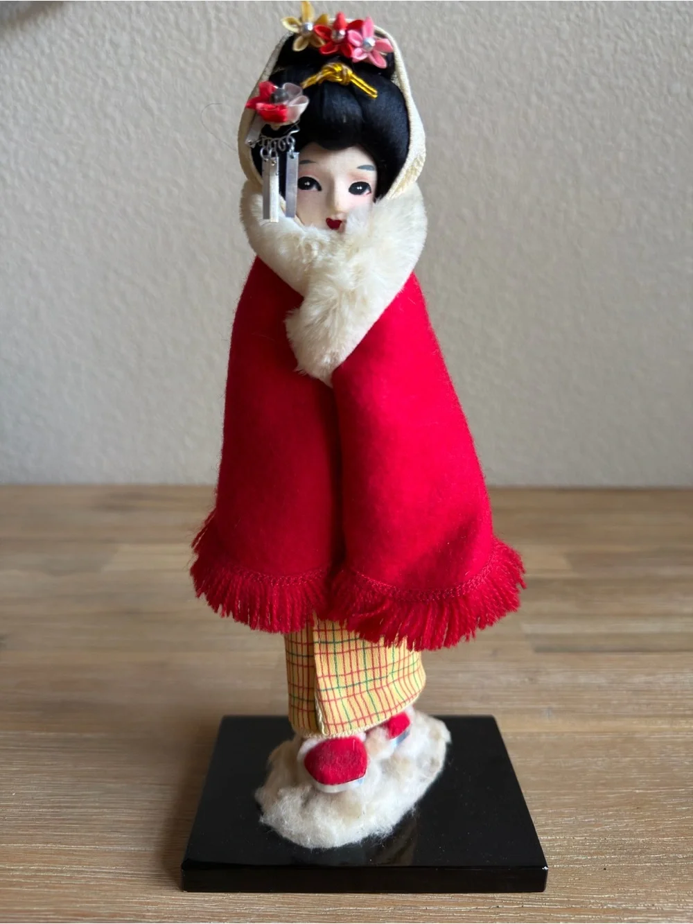 Vintage Japanese Geisha Doll Winter Kimono Cape Detailed Face Figurine Stand
